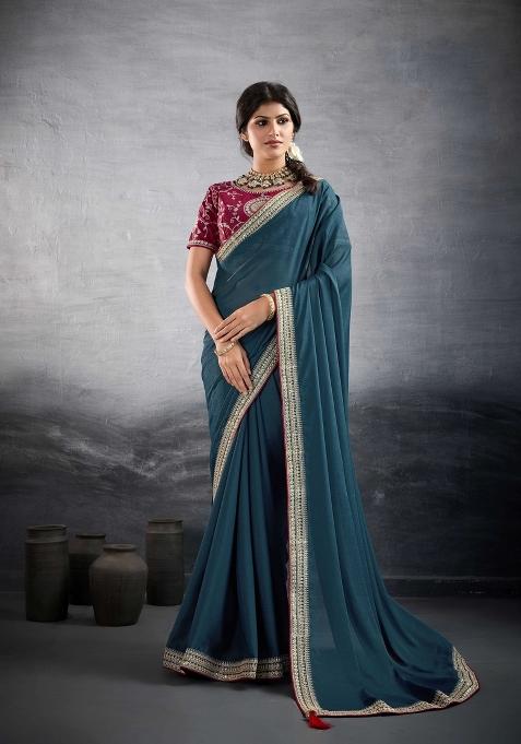 Teal Blue Embroidery Star Georgette Saree Set