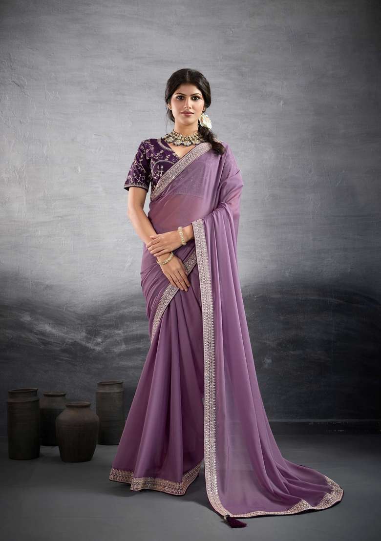 lavender Embroidery Star Georgette Saree Set - Indya