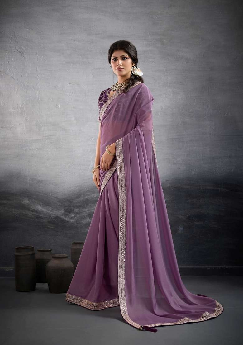 lavender Embroidery Star Georgette Saree Set - Indya