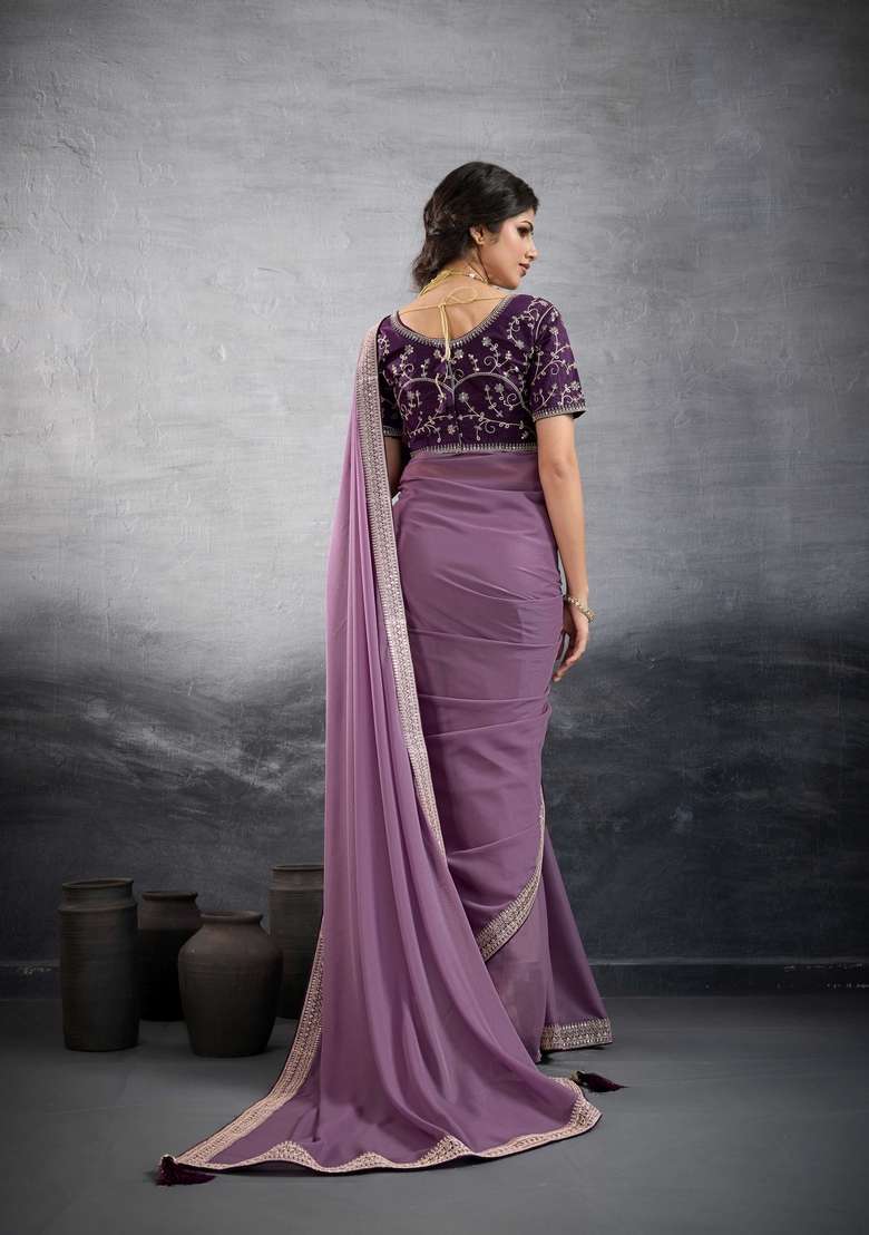 lavender Embroidery Star Georgette Saree Set - Indya