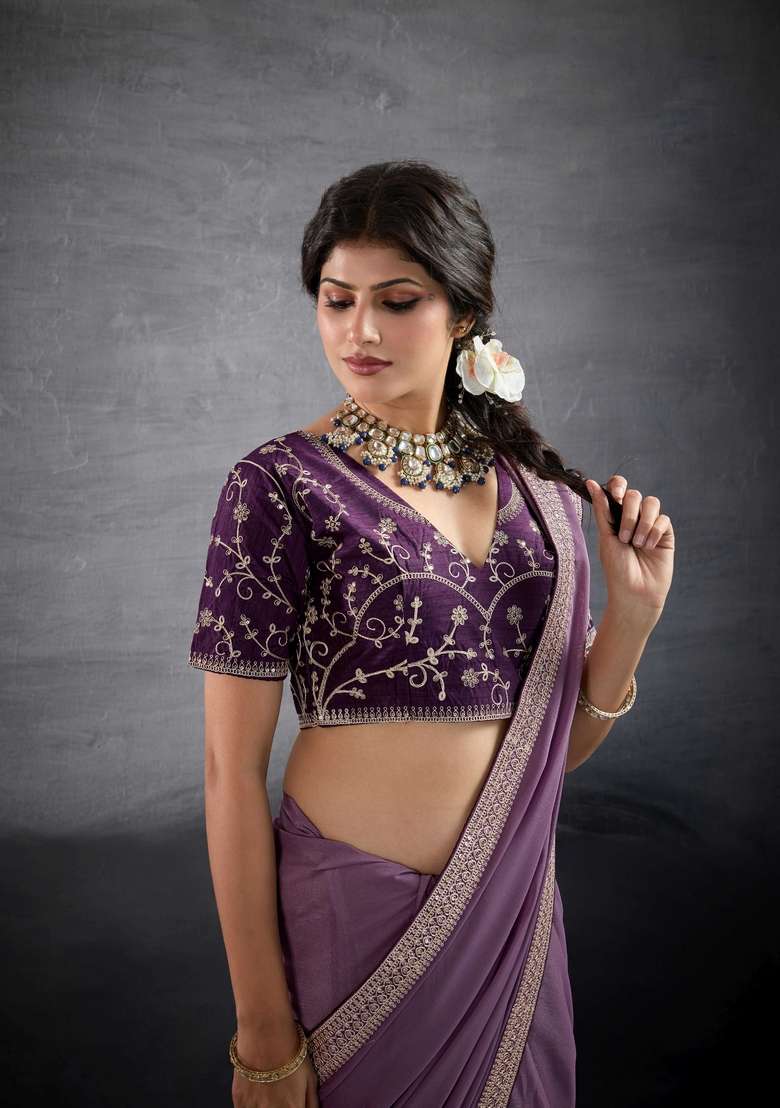 lavender Embroidery Star Georgette Saree Set - Indya