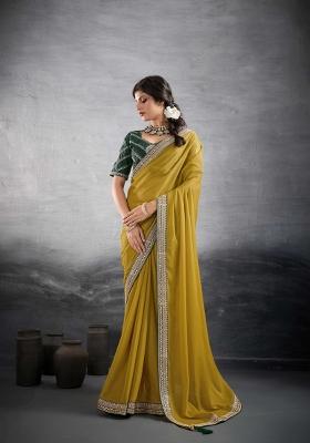 Mustard Embroidery Star Georgette Saree Set