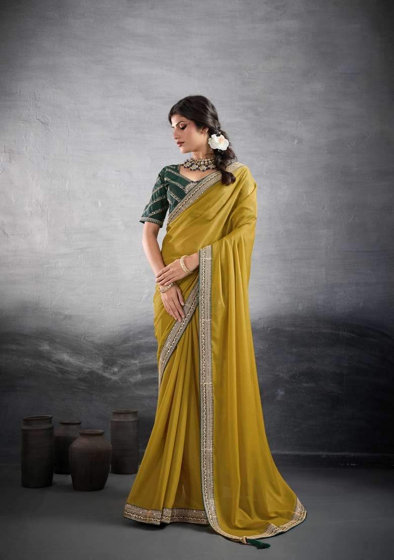 Mustard Embroidery Star Georgette Saree Set - Indya