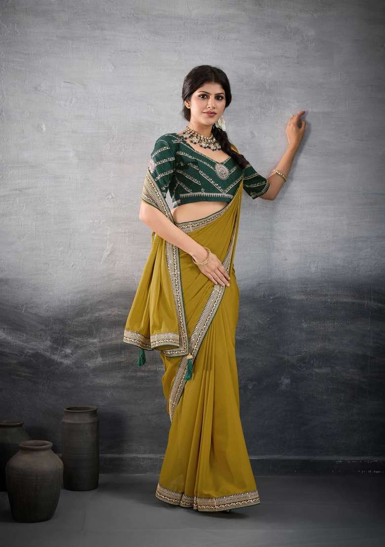 Mustard Embroidery Star Georgette Saree Set - Indya