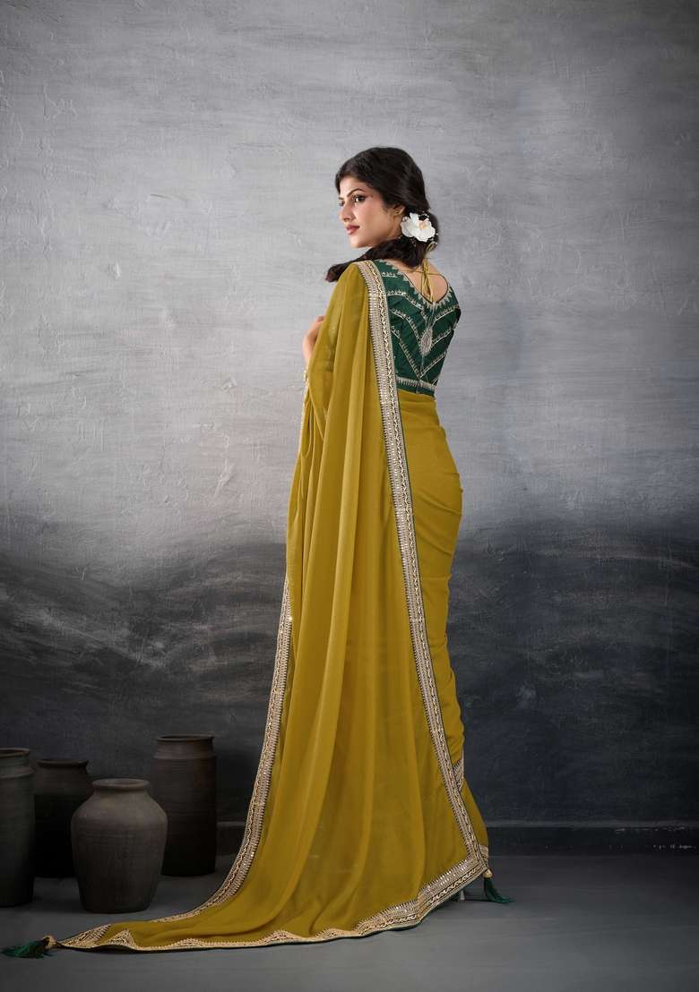 Mustard Embroidery Star Georgette Saree Set - Indya