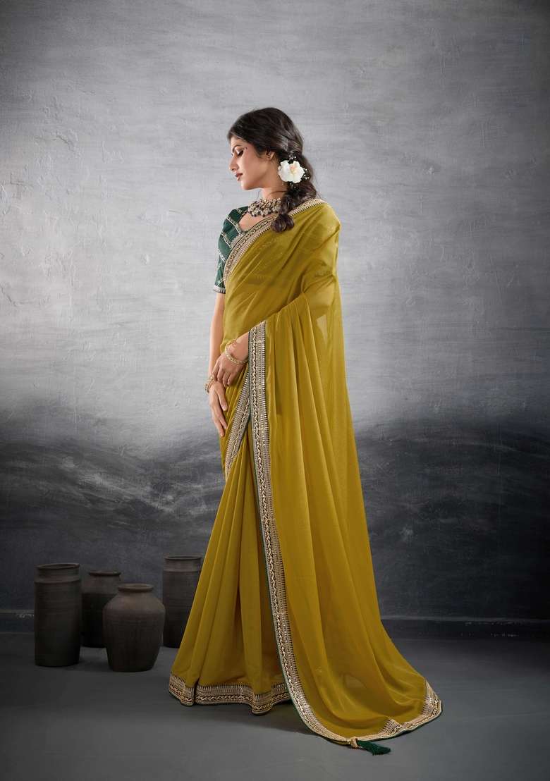 Mustard Embroidery Star Georgette Saree Set - Indya