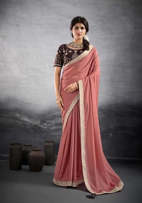 Pink Embroidery Star Georgette Saree Set