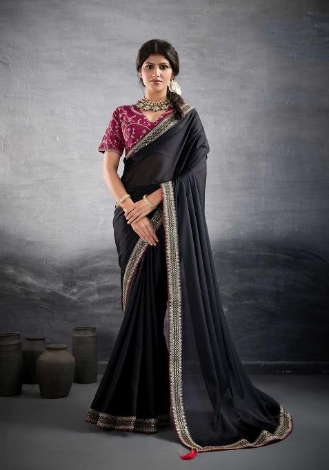 Black Embroidery Star Georgette Saree Set