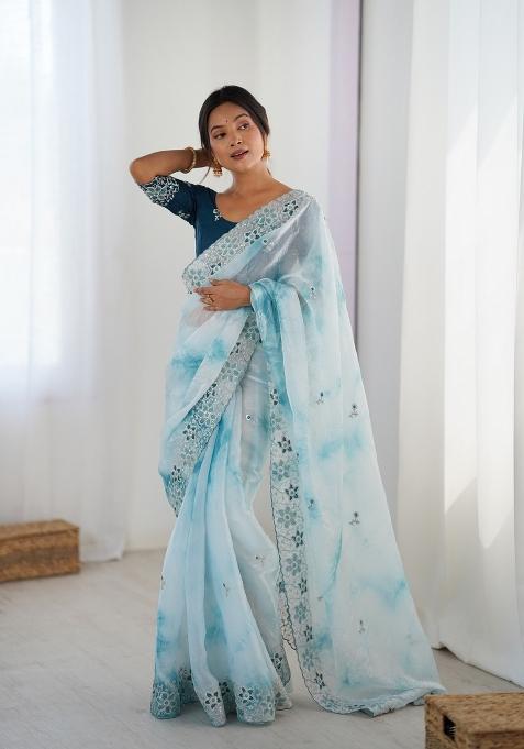 Sky Blue Embroidery Fendi Saree Set