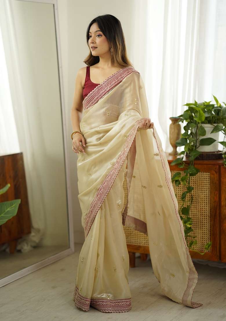Beige Embroidery Jimmy Choo Saree Set - Indya