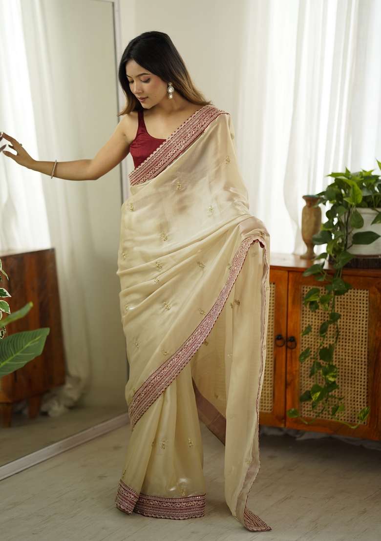 Beige Embroidery Jimmy Choo Saree Set - Indya