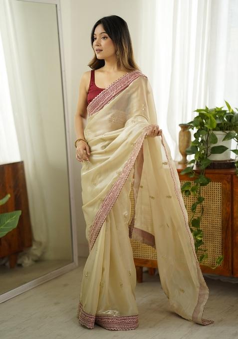 Beige Embroidery Jimmy Choo Saree Set