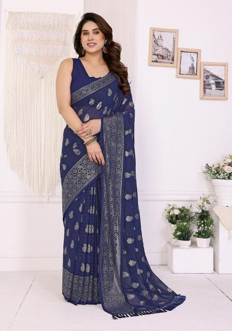 Blue Printed Georgette Saree Set