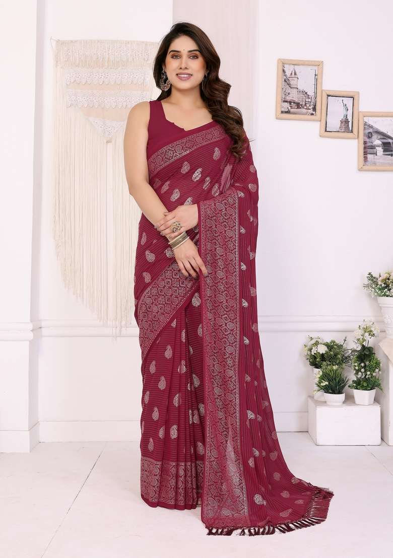 Maroon Printed Georgette Saree Set - Indya