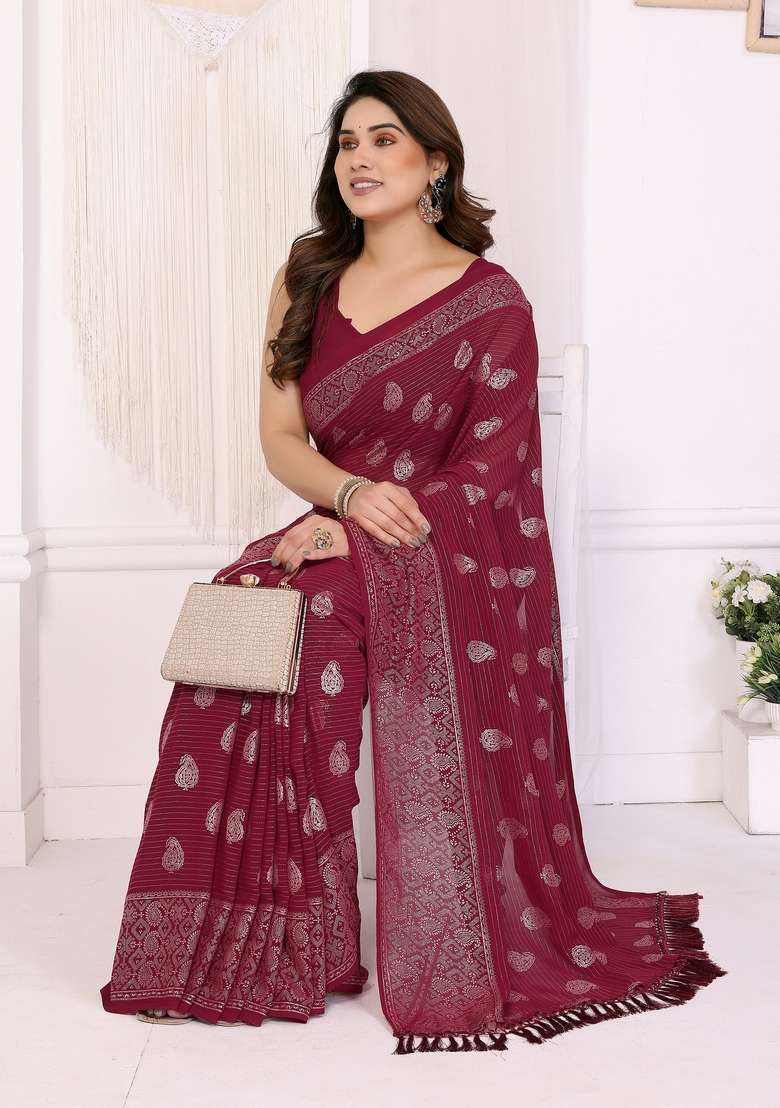 Maroon Printed Georgette Saree Set - Indya