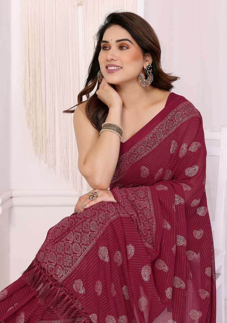 Maroon Printed Georgette Saree Set - Indya