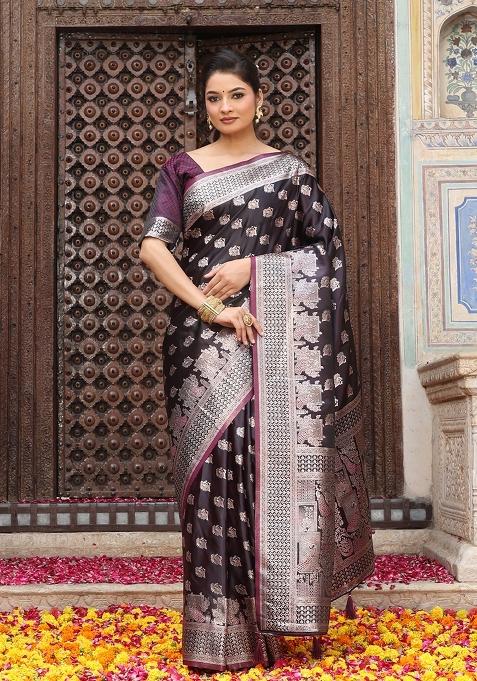 Wine Motif Silk Saree Set