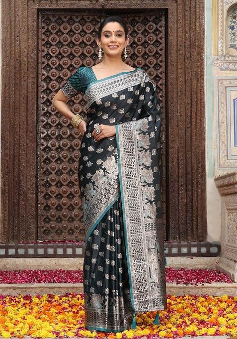 Teal Motif Silk Saree Set