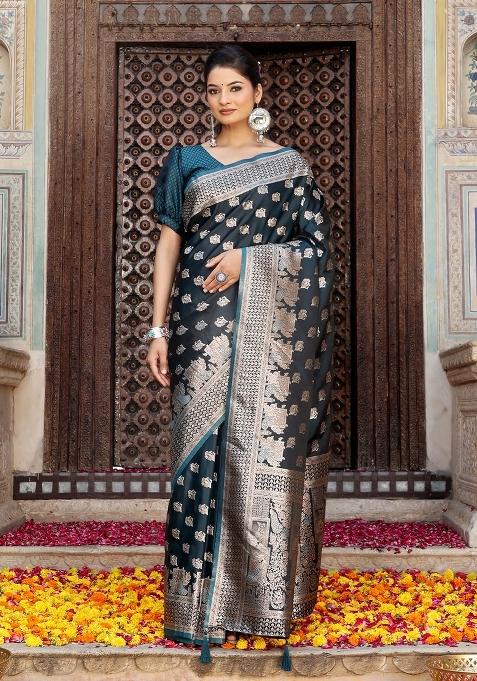 Turquoise Motif Silk Saree Set