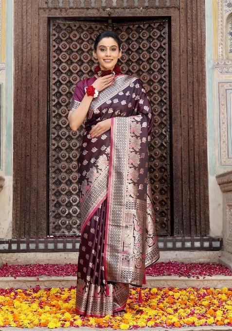Purple Motif Silk Saree Set