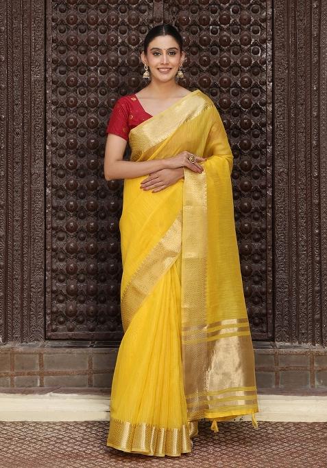 Yellow Motif Cotton Saree Set
