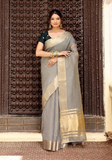 Grey Motif Cotton Saree Set