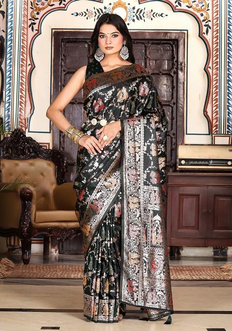 Teal Green Motif Silk Saree Set