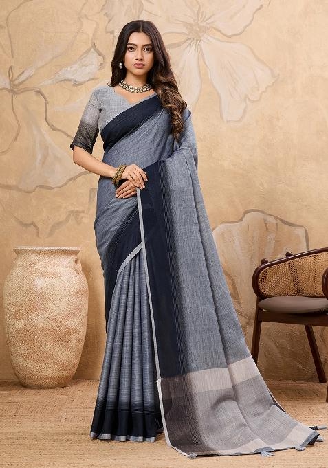 Denim Grey Motif Linen Saree Set