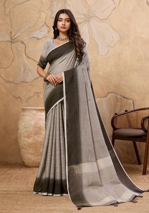 Charcoal Gray Motif Linen Saree Set
