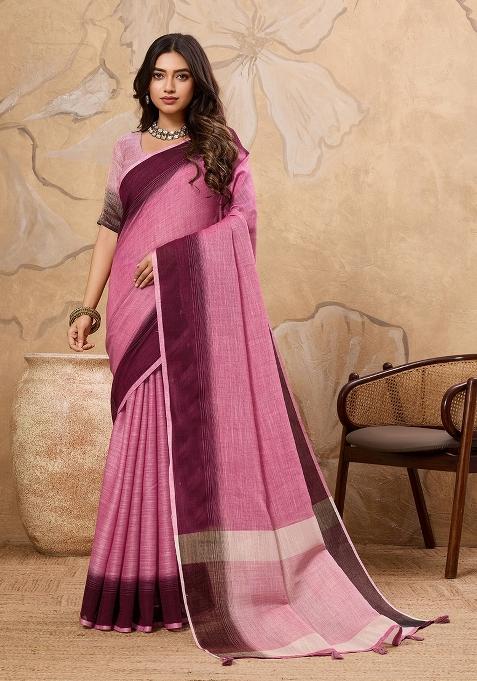 Rani Pink Motif Linen Saree Set
