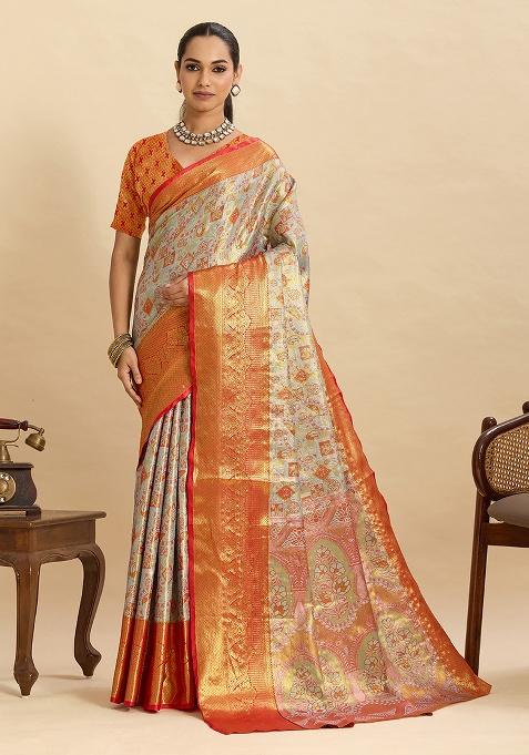 Light Grey Woven Zari Work Silk Ethnic Waer Saree