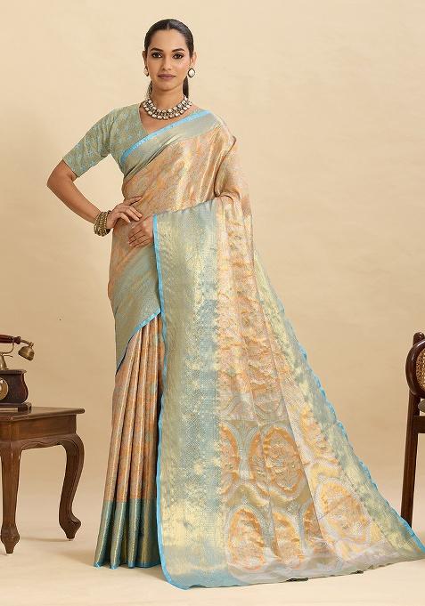 Peach Woven Zari Work Silk Ethnic Waer Saree