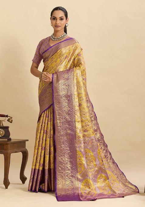 Yellow Woven Zari Work Silk Ethnic Waer Saree