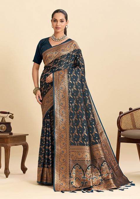 Teal Woven Zari Work Satin Ethnic Waer Saree