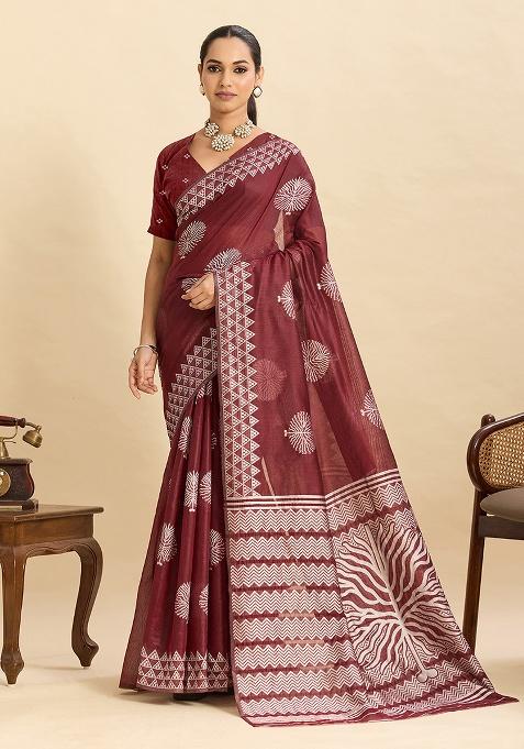 Maroon Woven Zari Work Silk Ethnic Waer Saree