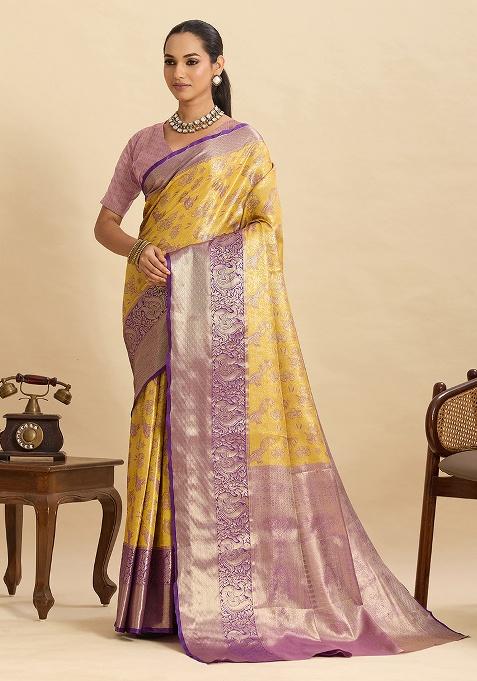 Yellow Woven Zari Work Silk Ethnic Waer Saree
