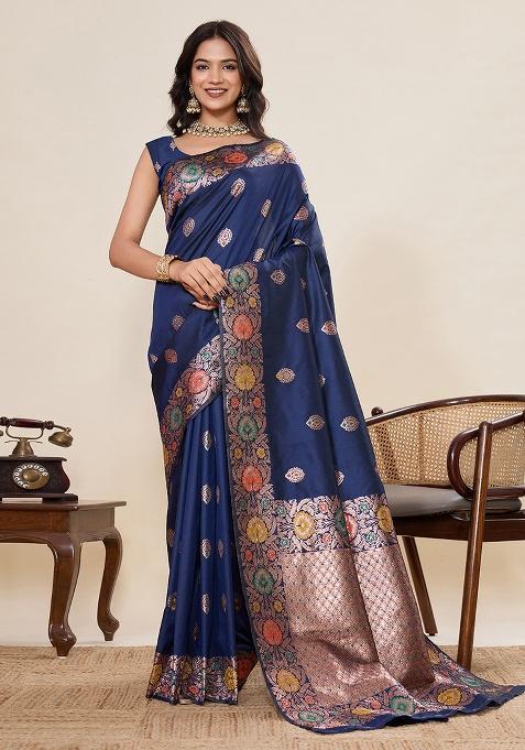 Navy Blue Woven Zari Work Silk Ethnic Waer Saree