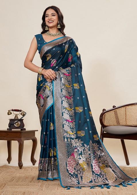 Blue Woven Zari Work Silk Ethnic Waer Saree