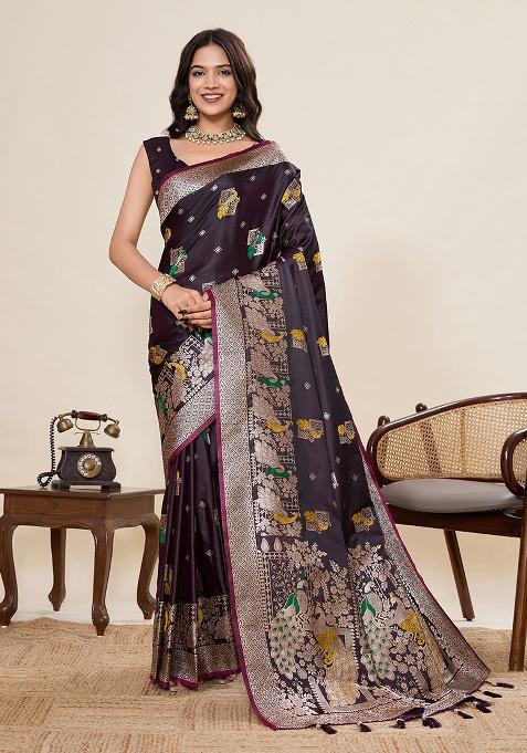 Wine Woven Zari Work Silk Ethnic Waer Saree