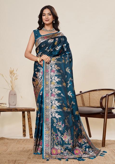 Blue Woven Zari Work Satin Ethnic Waer Saree