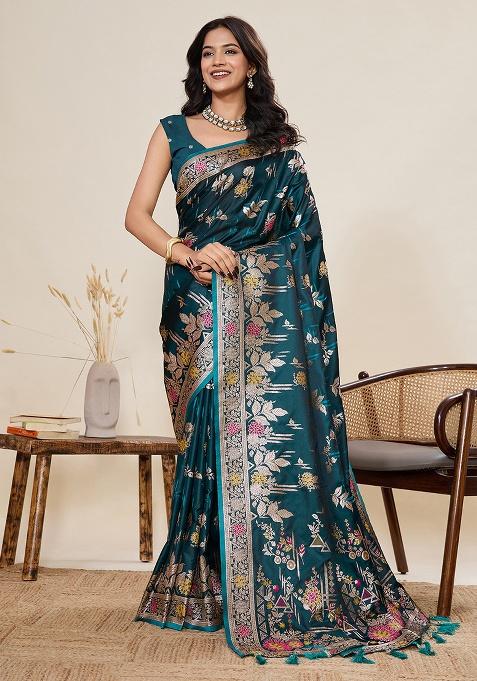 Teal Woven Zari Work Satin Ethnic Waer Saree