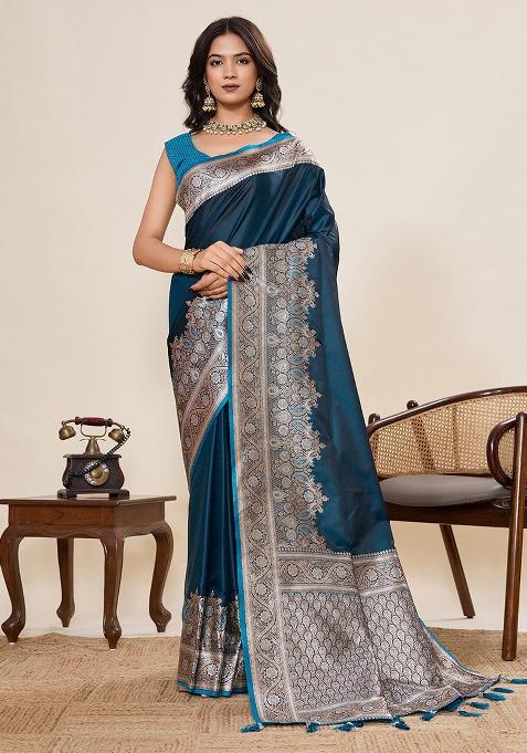 Blue Woven Zari Work Satin Ethnic Waer Saree