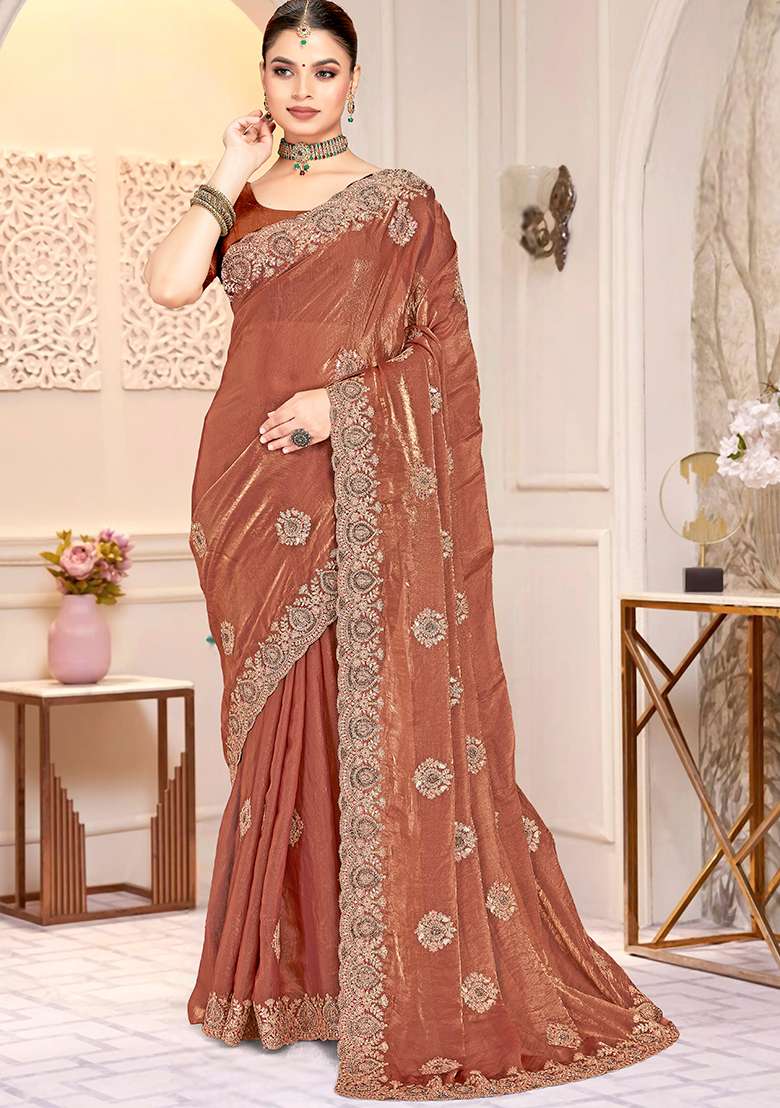 Golden Embroidery Silk Blend Saree Set for Diwali and Festive Wear - Indya