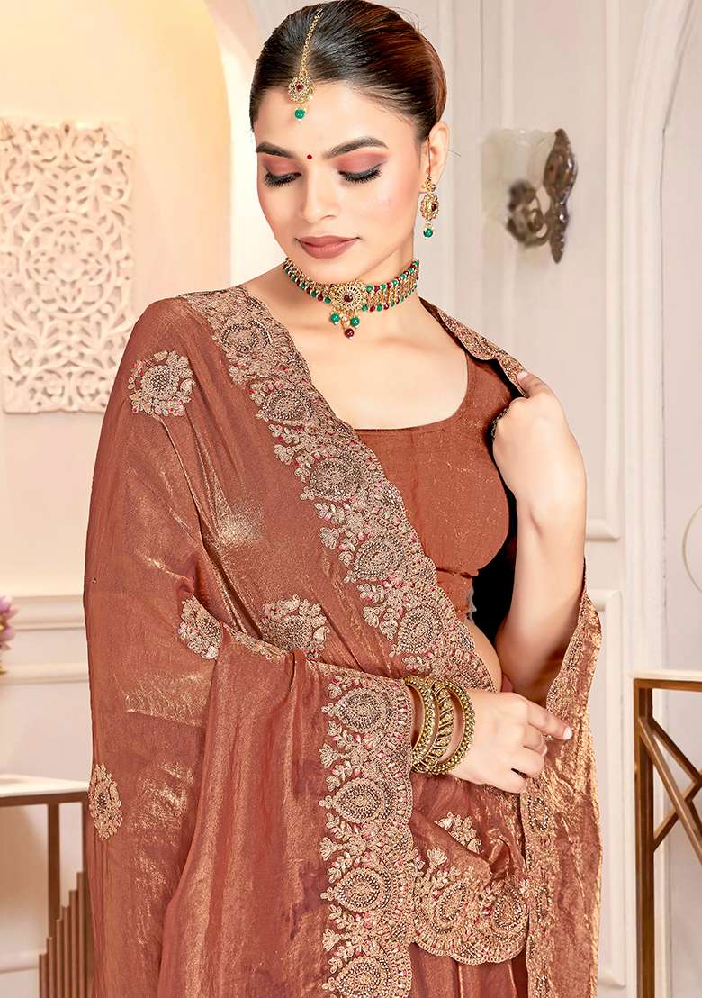 Golden Embroidery Silk Blend Saree Set for Diwali and Festive Wear - Indya
