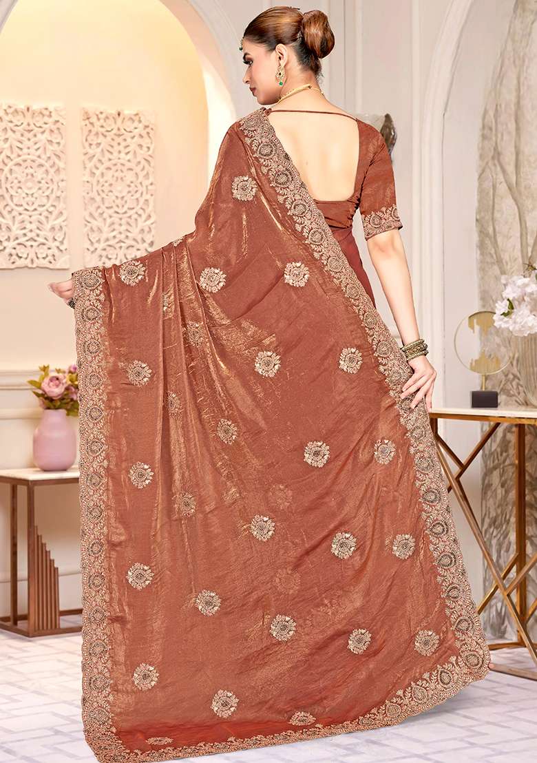 Golden Embroidery Silk Blend Saree Set for Diwali and Festive Wear - Indya