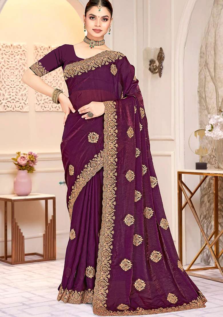 Wine Silk Blend Saree Set with Embroidery for Diwali | Wedding & Festive Wear - Indya