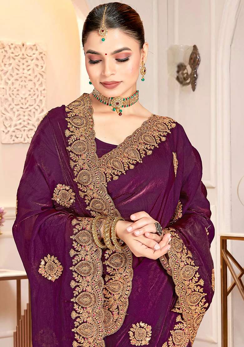 Wine Silk Blend Saree Set with Embroidery for Diwali | Wedding & Festive Wear - Indya