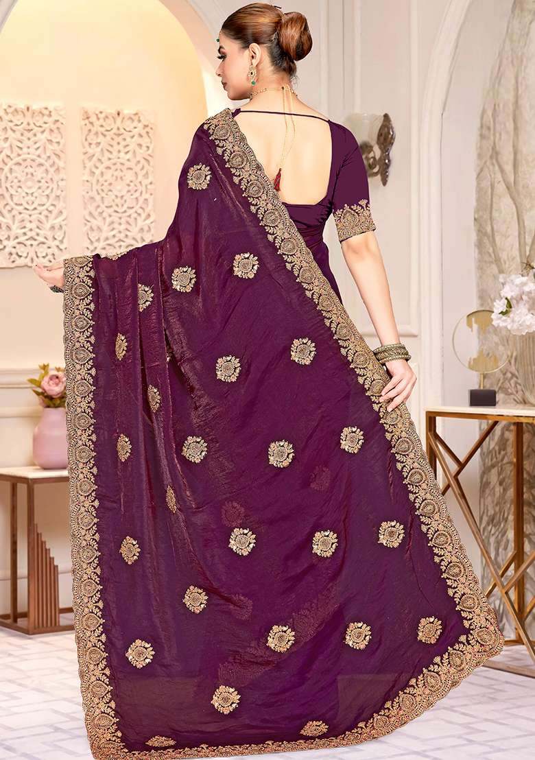 Wine Silk Blend Saree Set with Embroidery for Diwali | Wedding & Festive Wear - Indya