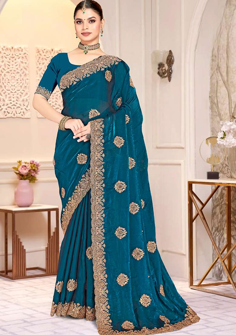 Morpeach Silk Blend Saree Set with Embroidery for Diwali | Wedding & Festive Wear - Indya