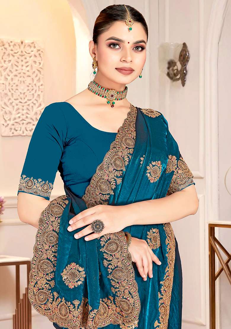 Morpeach Silk Blend Saree Set with Embroidery for Diwali | Wedding & Festive Wear - Indya
